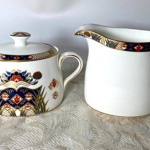 ROYAL CROWN DERBY Rutland Sugar Bowl & Creamer-Blue & Rust Flowers, Gold Lattice